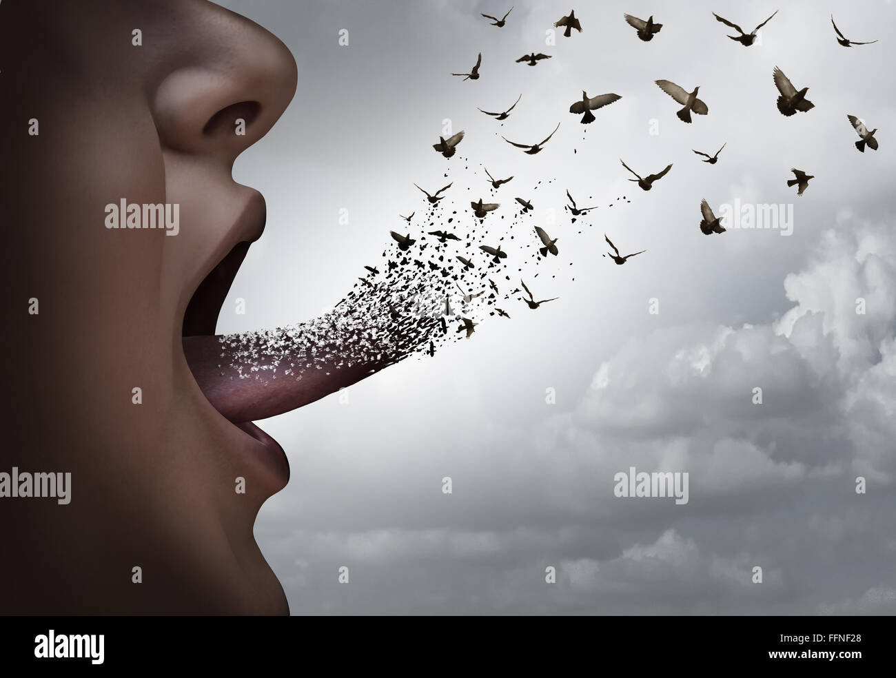 Communication concept a a person with an open mouth voicing an idea with a tongue transforming into flying birds as a thought distribution metaphor for expression and marketing ideas. Stock Photo