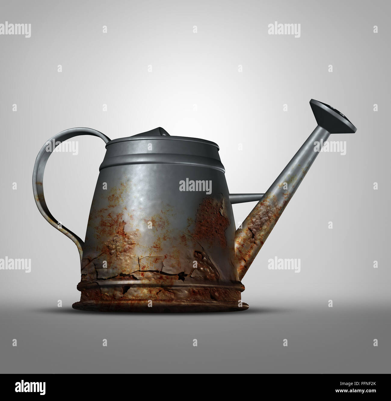 Water problem as a watering can that is corroded and decaying with with rust due to neglected weathering and oxidation as a conservation and health metaphor for clean drinking liquid free from lead and poison. Stock Photo
