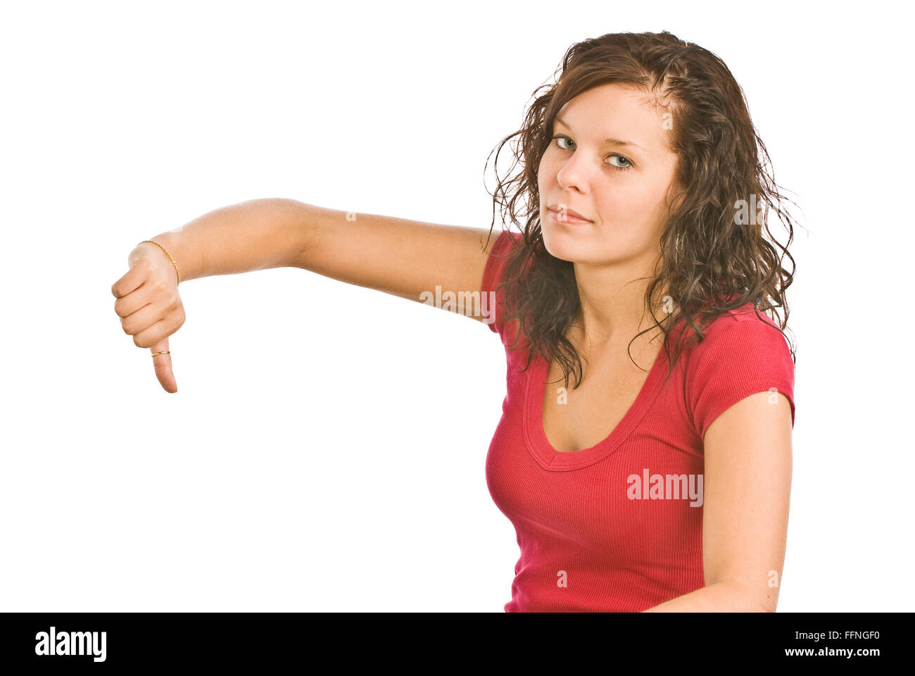 Beautiful Young Woman Gives a Thumbs Down Stock Photo