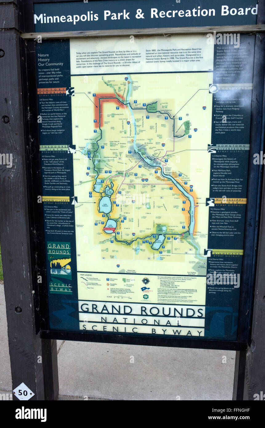 Map of Grand Rounds bicycle trail with chain of lakes in south and Mississippi River to the north. Minneapolis Minnesota MN USA Stock Photo