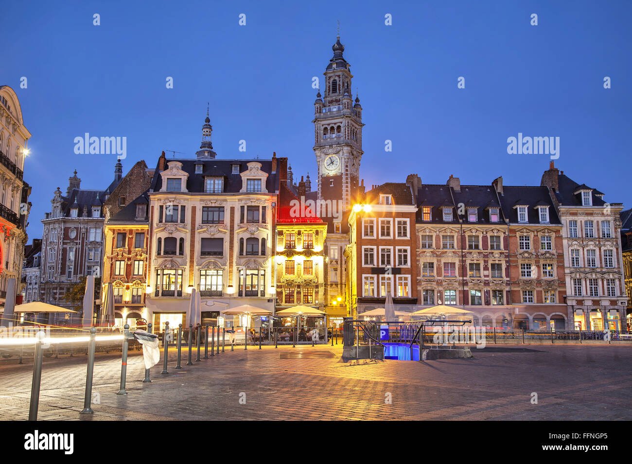 Old buildings on the Grand Place square at the evening, Lille, France Stock Photo