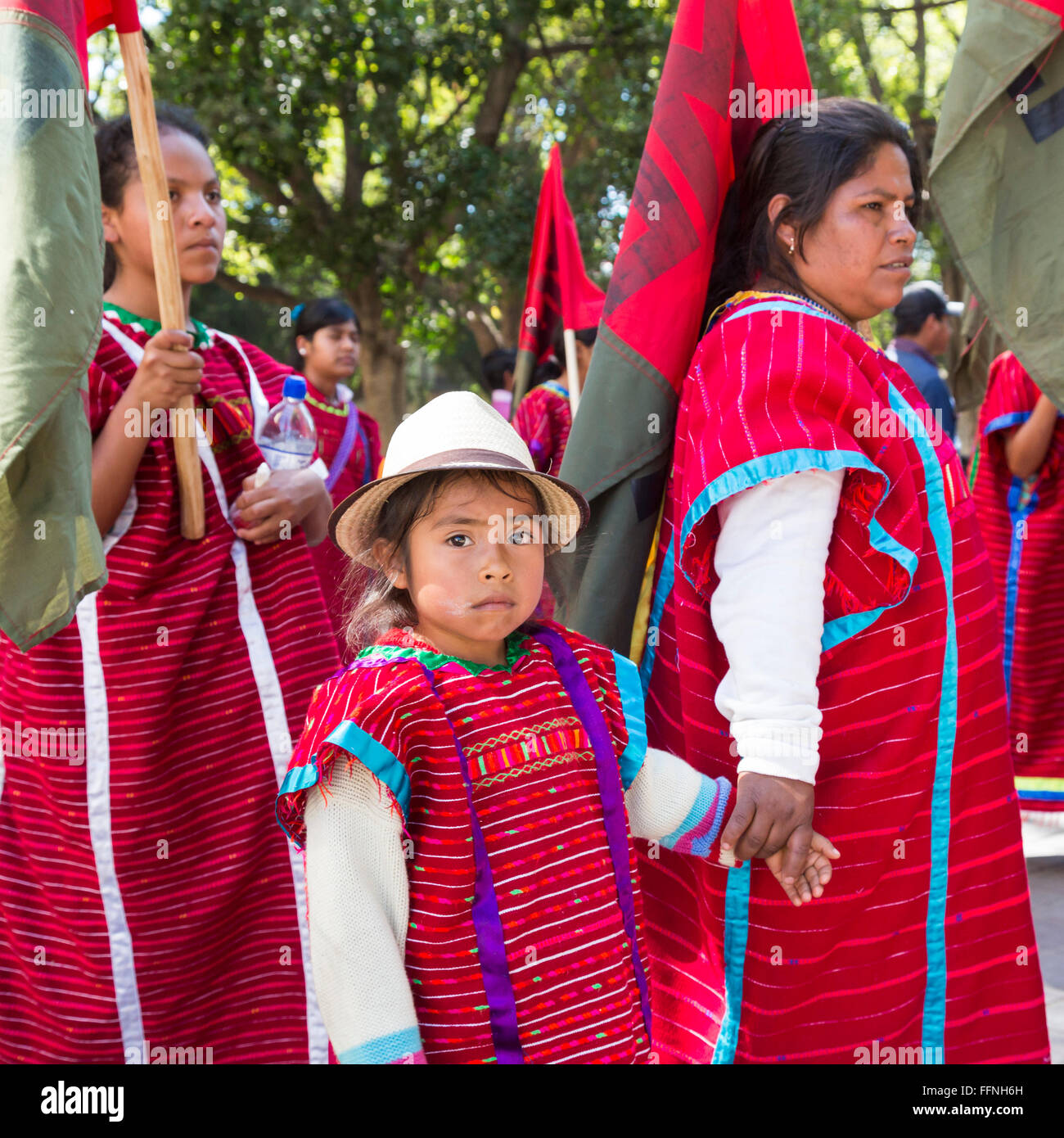 Oaxaca, Mexico - Members of the Triqui ethnic group protest displacement from their homes and violence in their region. Stock Photo