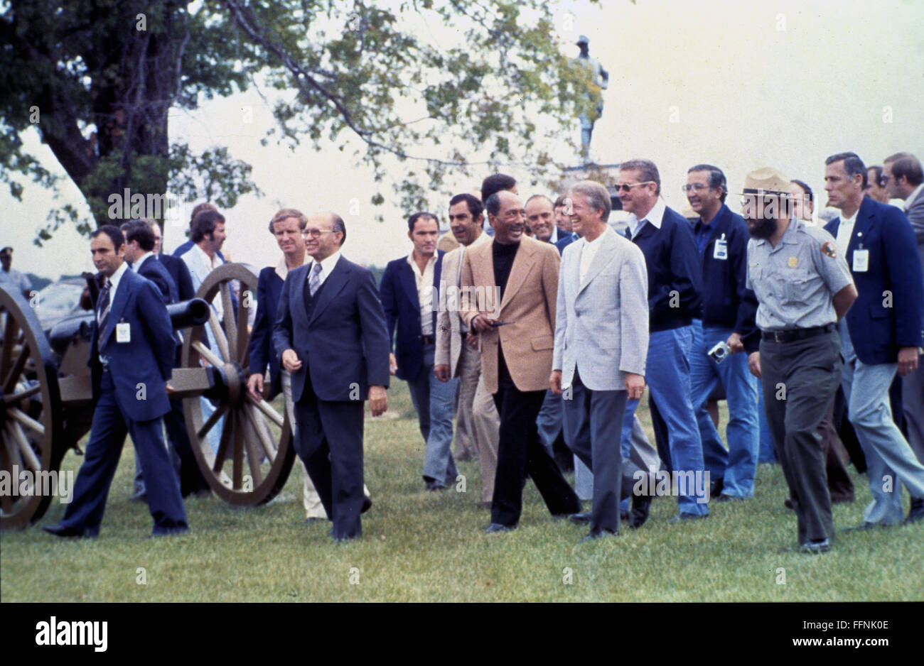 Gettysburg, Pennsylvania, USA. 10th Sep, 1978. United States President Jimmy Carter, right, President Anwar Sadat of Egypt, center, and Prime Minister Menachem Begin of Israel, left, tour the U.S. Civil War battlefield in Gettysburg, Pennsylvania accompanied by members of their respective delegations during a break in the Camp David Summit on September 10, 1978. Boutros Boutros-Ghali died at age 93 on February 16, 2016.Credit: Benjamin E. ''Gene'' Forte - CNP © Benjamin E. ''Gene'' Forte/CNP/ZUMA Wire/Alamy Live News Stock Photo