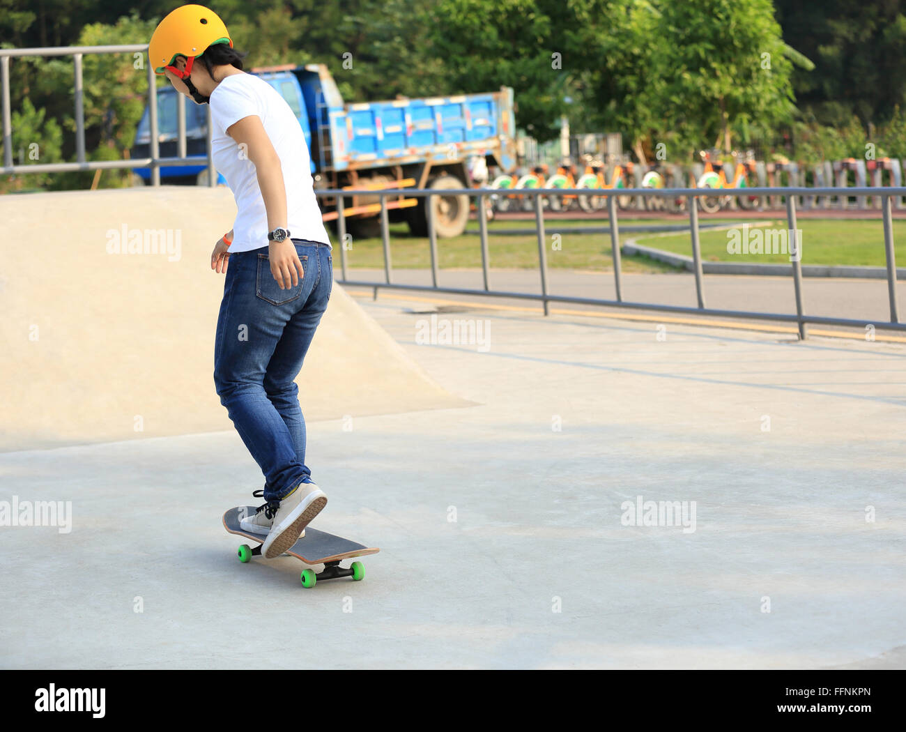 skateboarding woman at skatepark Stock Photo Alamy
