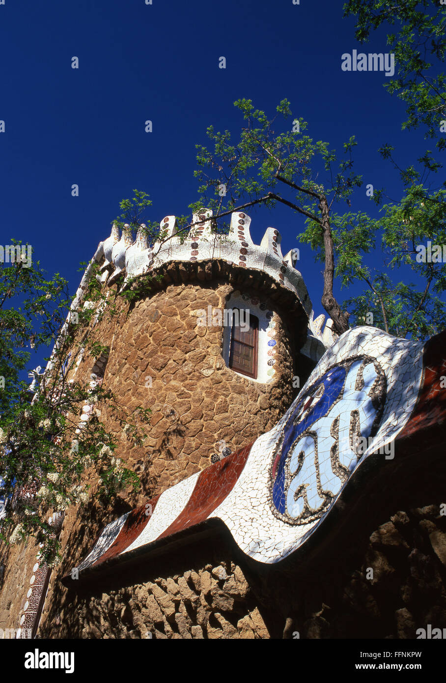 Park Guell Barcelona Entrance gate and mosaic by Antoni Gaudi i Cornet modernista architect Catalunya Catalonia Spain Stock Photo