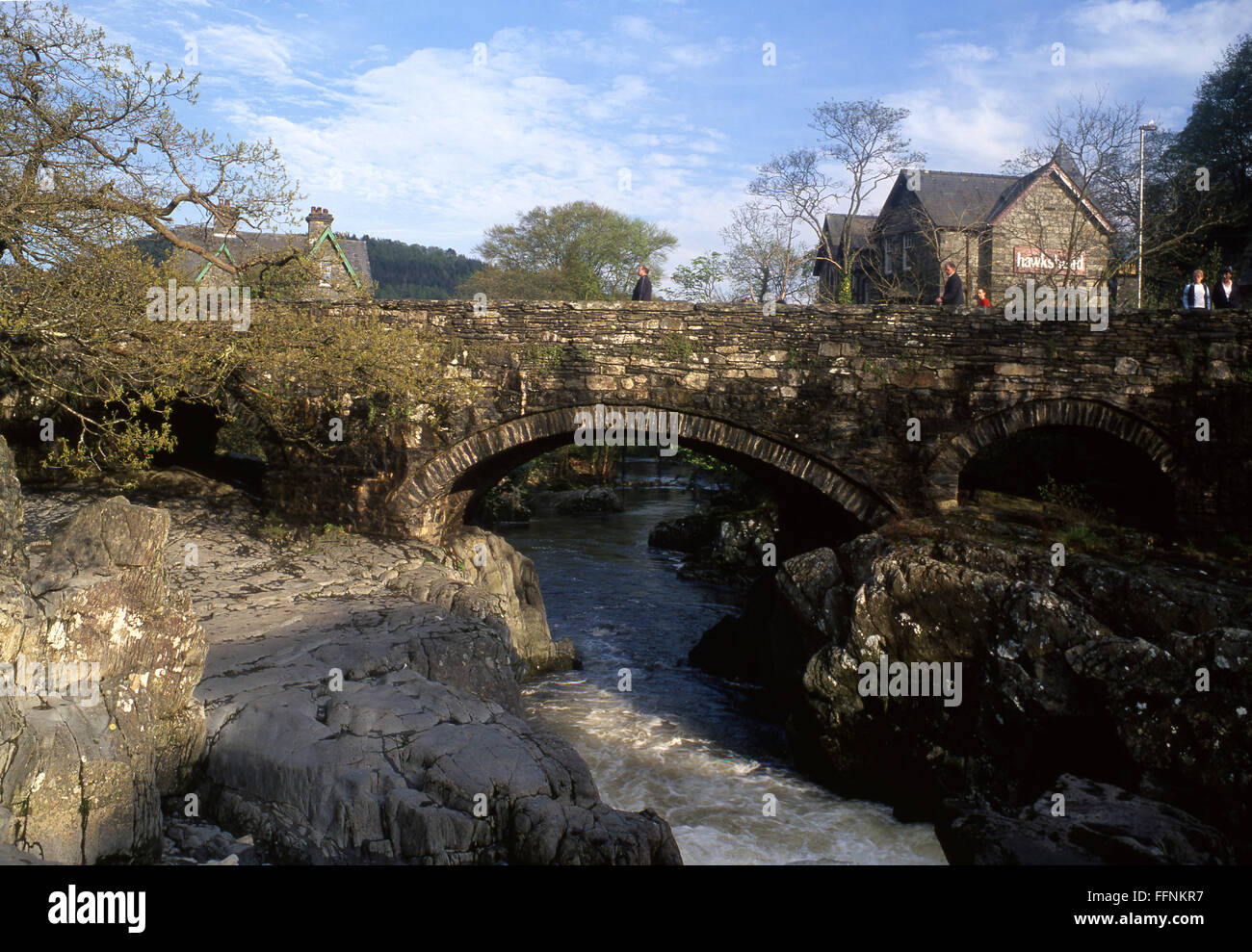 Betws-y-Coed Pont y Pair Bridge of the Cauldron and river Llugwy afon ...