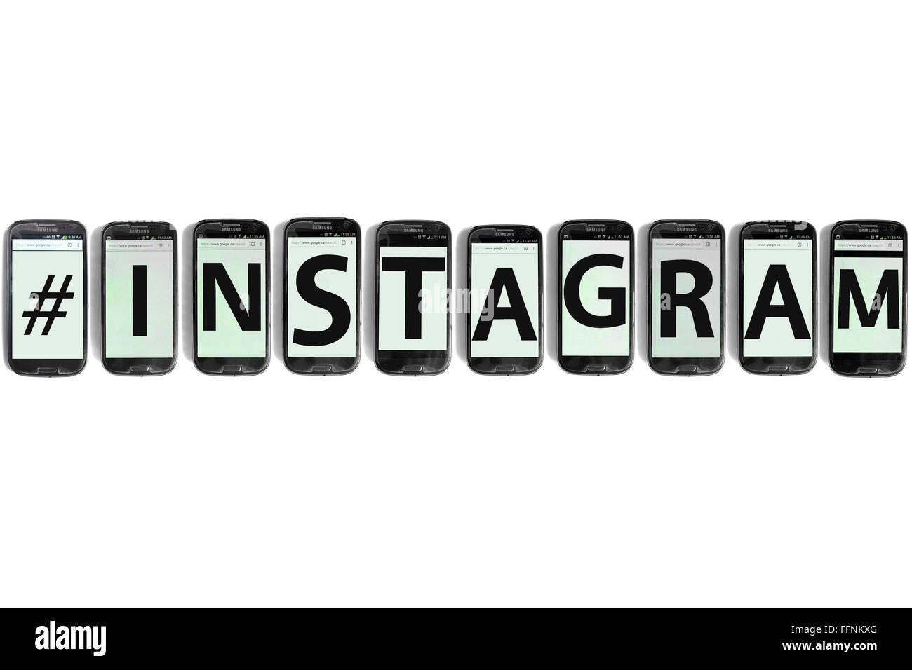 The hashtag #Instagram written on smartphone screens photographed against a white background. Stock Photo