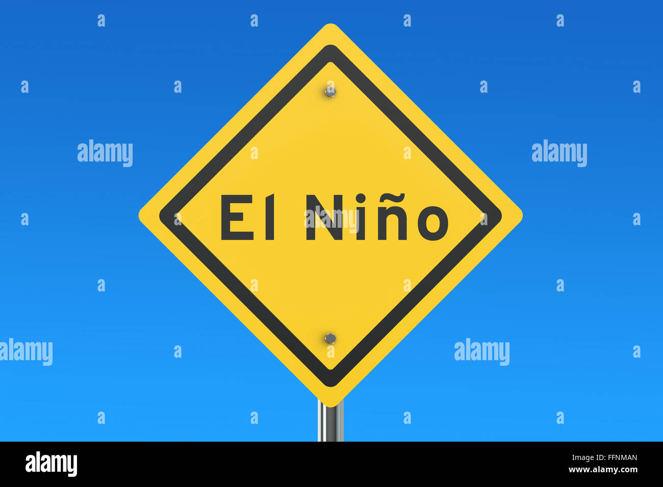 el nino road sign isolated on blue sky Stock Photo