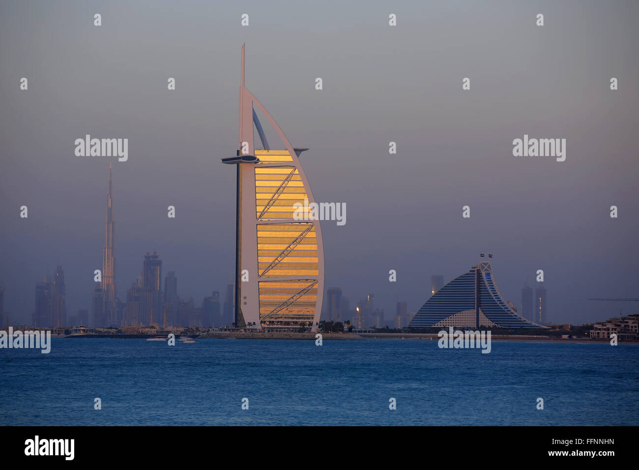 The skyline of Dubai, taken from Palm Jumeirah island, UAE, 09 February 2016. The picture was created from 5 individual shots as a High Dynamic Range Bild. PHOTO: KEVIN KUREK/DPA - NO WIRE SERVICE - Stock Photo