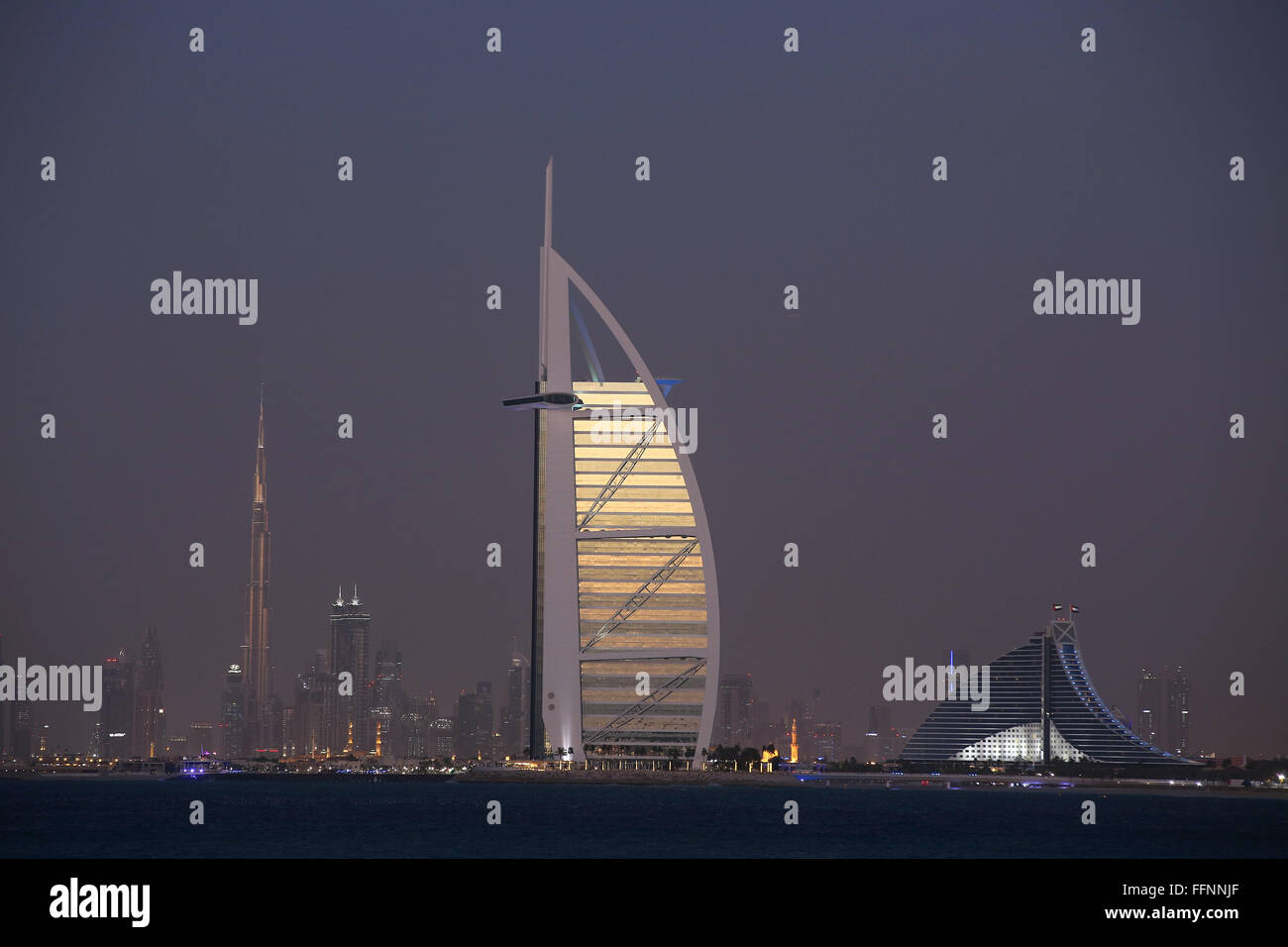 The skyline of Dubai, taken from Palm Jumeirah island, UAE, 09 February 2016. PHOTO: KEVIN KUREK/DPA - NO WIRE SERVICE - Stock Photo