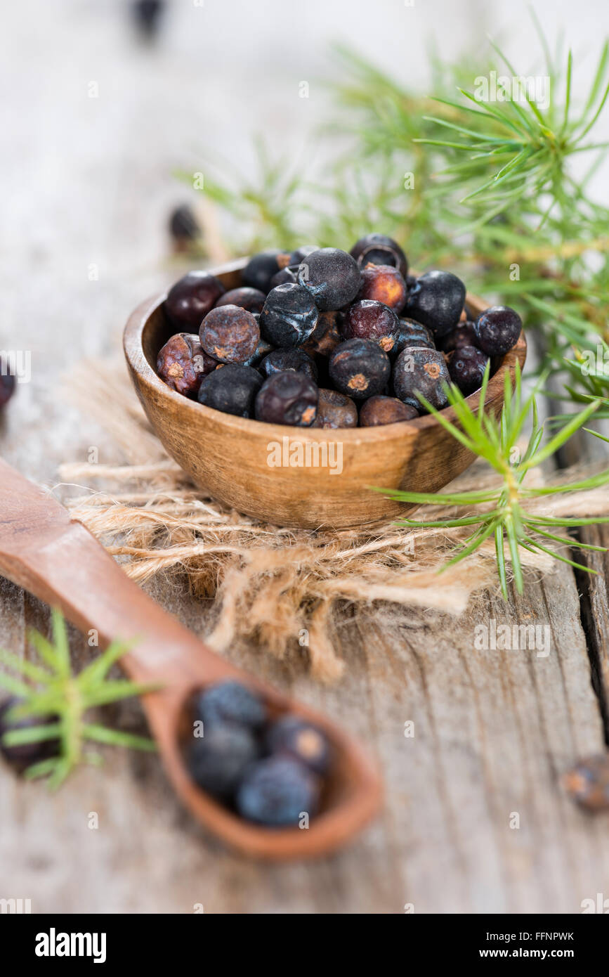 Portion of dried Juniper Berries (close-up shot) Stock Photo