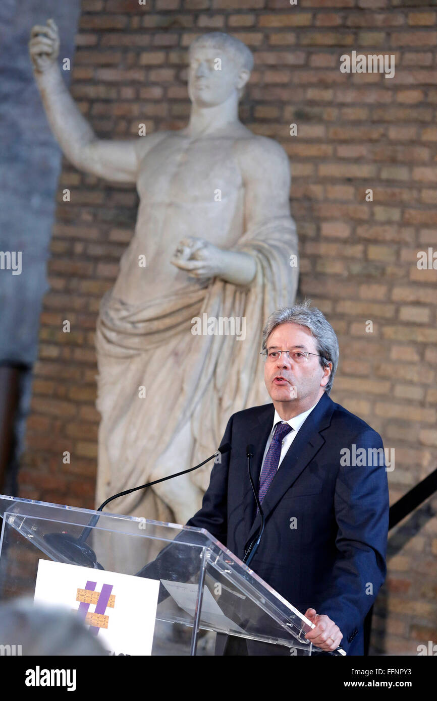 Rome, Italy. 16th February, 2016. Paolo Gentiloni Rome 16th February 2016. Baths of Diocleziano. Cerimony for the birth of the Italian Task Force, Unite for Heritage, in defense of the cultural heritage.  Credit:  Insidefoto/Alamy Live News Stock Photo