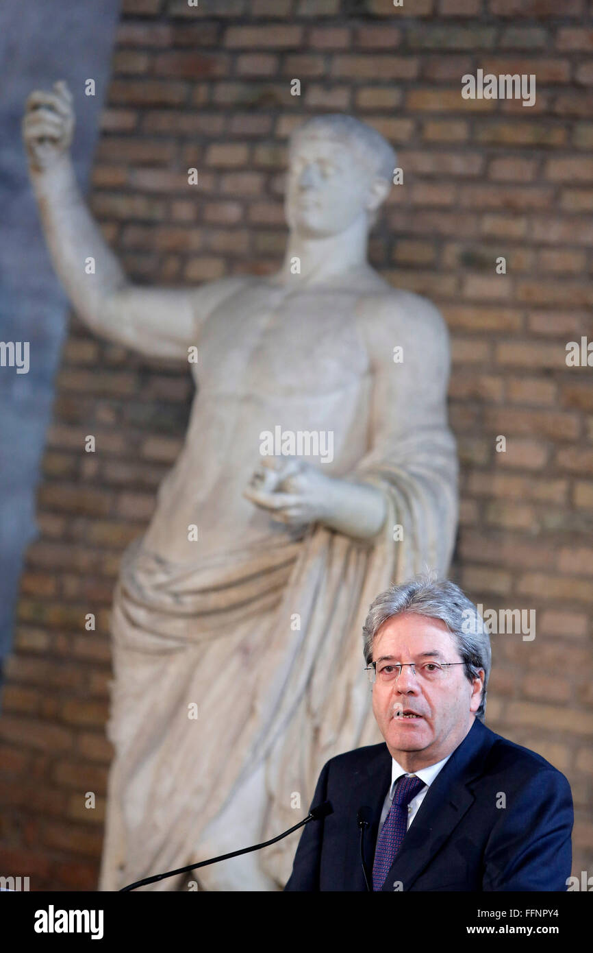 Rome, Italy. 16th February, 2016. Paolo Gentiloni Rome 16th February 2016. Baths of Diocleziano. Cerimony for the birth of the Italian Task Force, Unite for Heritage, in defense of the cultural heritage.  Credit:  Insidefoto/Alamy Live News Stock Photo