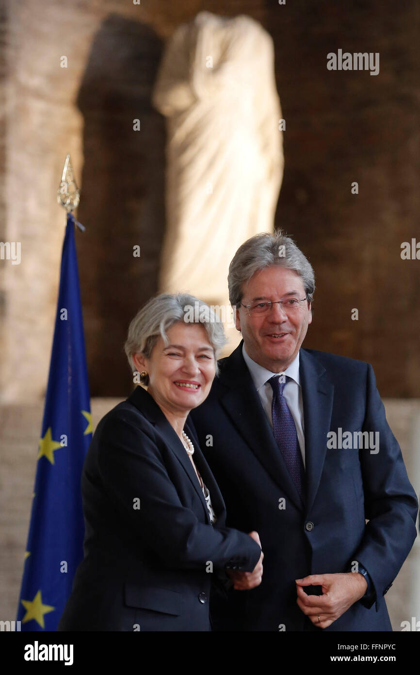 Rome, Italy. 16th February, 2016. Irina Bokova and Paolo Gentiloni Rome 16th February 2016. Baths of Diocleziano. Cerimony for the birth of the Italian Task Force, Unite for Heritage, in defense of the cultural heritage.  Credit:  Insidefoto/Alamy Live News Stock Photo