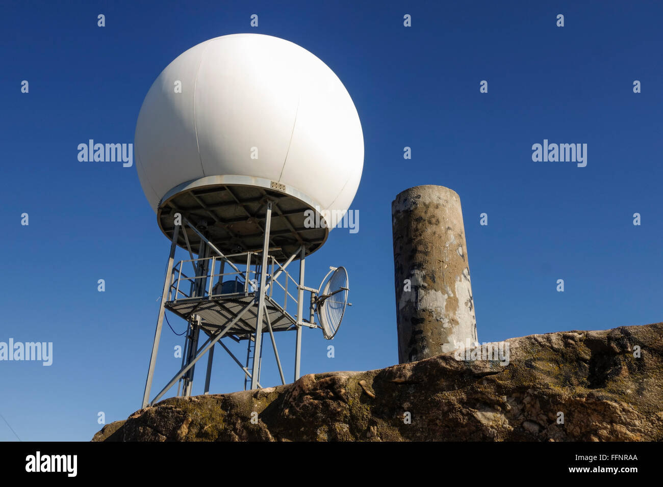 Weather radar, weather surveillance radar, Doppler radar on top of Mijas Mountain, Andalusia, Spain. Stock Photo