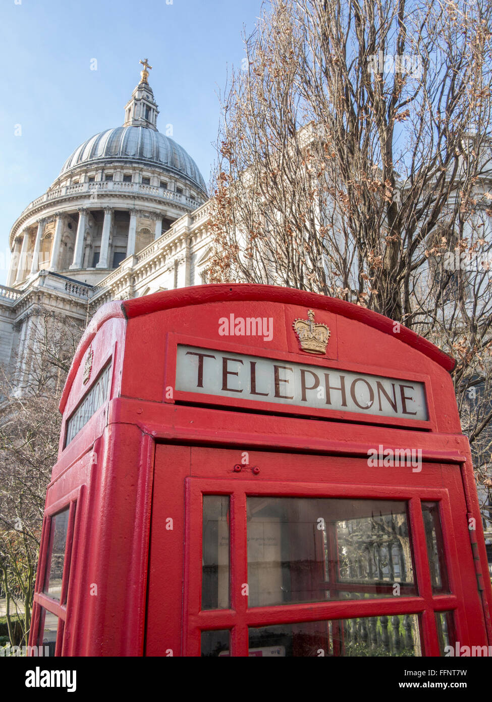 An iconic London scene of a red phone box and St Paul's Cathedral Stock Photo