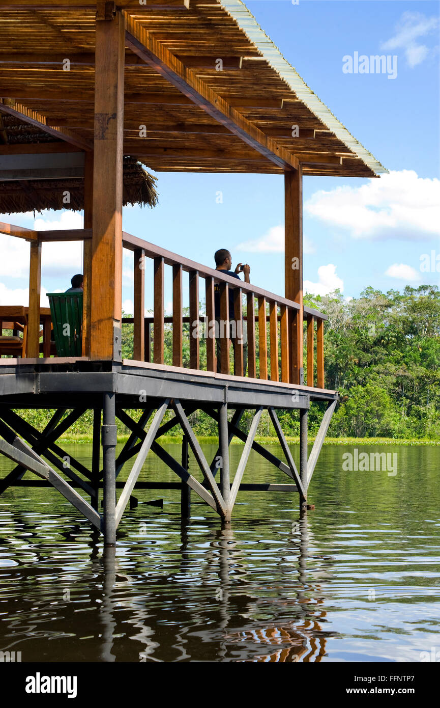 Deck overlooking the  Amazon River in Ecuador Stock Photo