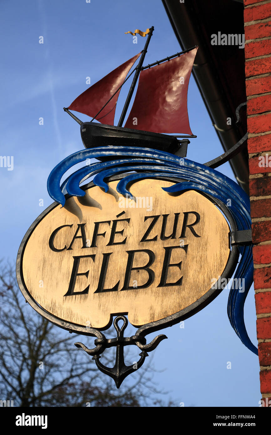 Cafe sign at river Elbe dike, Darchau,  Amt Neuhaus   Lower Saxony, Germany, Europe Stock Photo