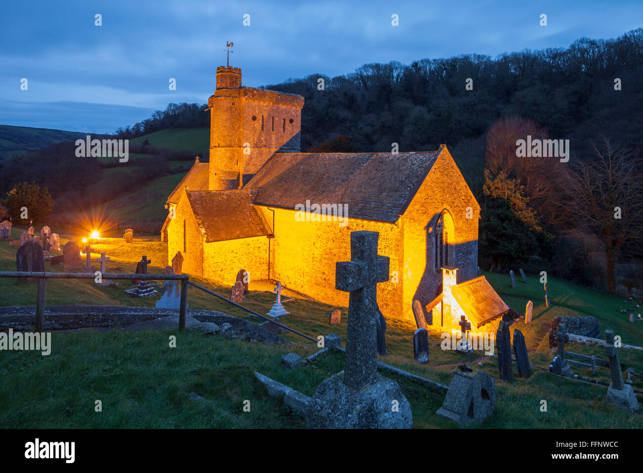 Winter evening at St Winifred's church in Branscombe, Devon, England. East Devon Area of Outstanding Natural Beauty. Stock Photo