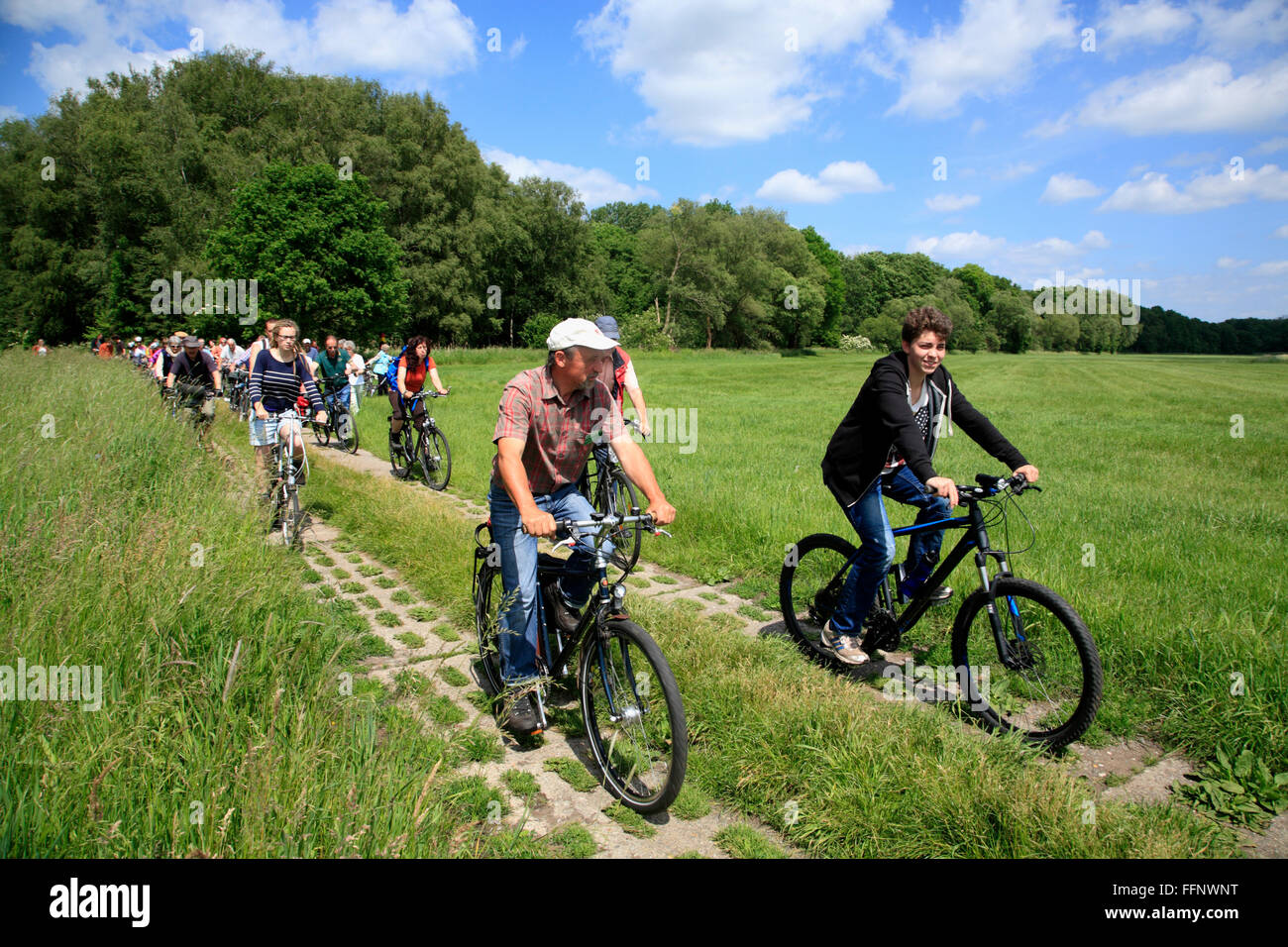 guided bike-tour GRUENES BAND near Volzendorf, Wendland, former border to DDR, Lower Saxony, Germany, Europe Stock Photo