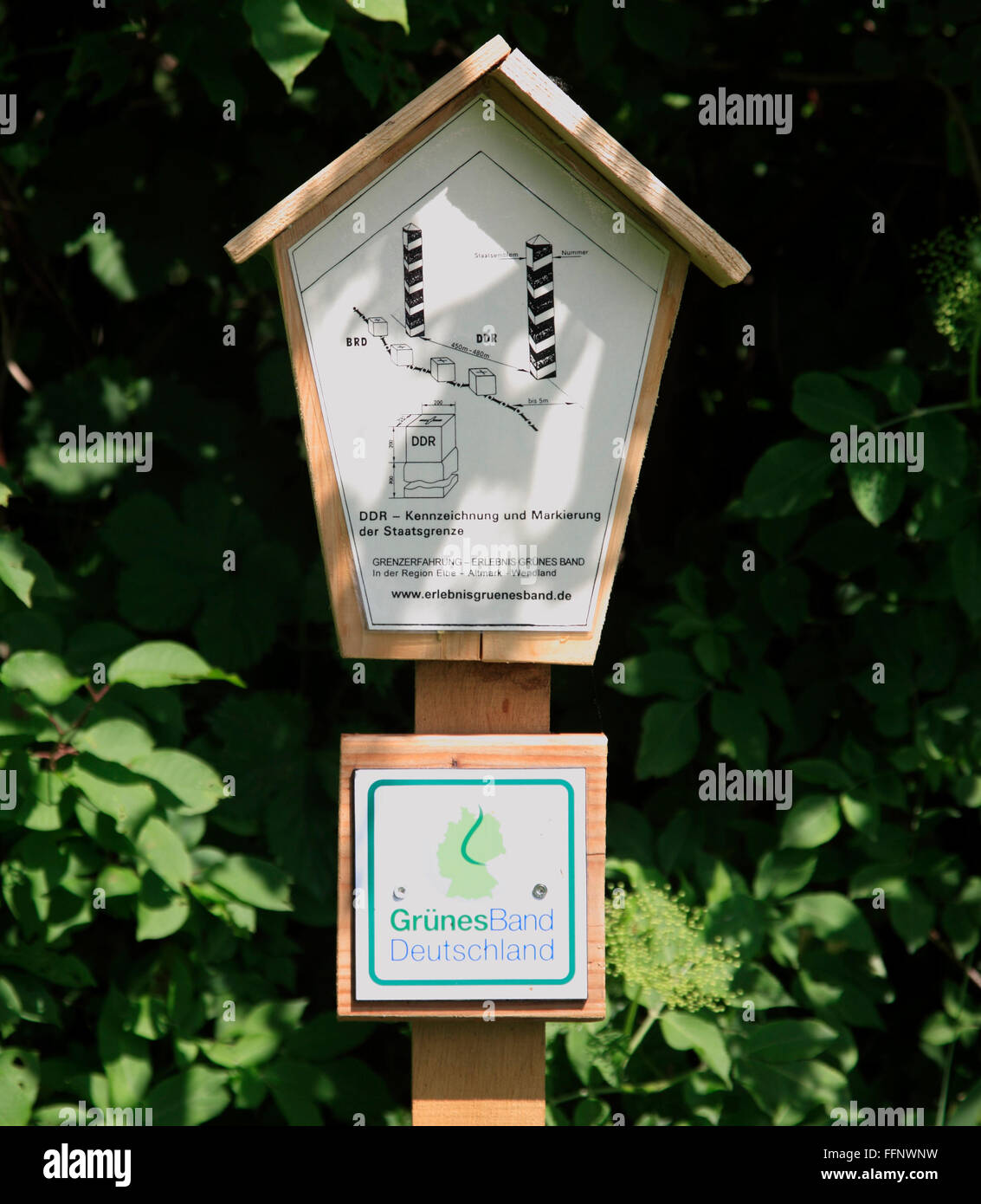 Wendland at Volzendorf, GRUENES BAND sign, former border to DDR, Lower Saxony, Germany, Europe Stock Photo