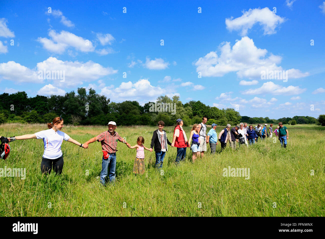 guided bike-tour GRUENES BAND near Volzendorf, Wendland, former border to DDR, Lower Saxony, Germany, Europe Stock Photo