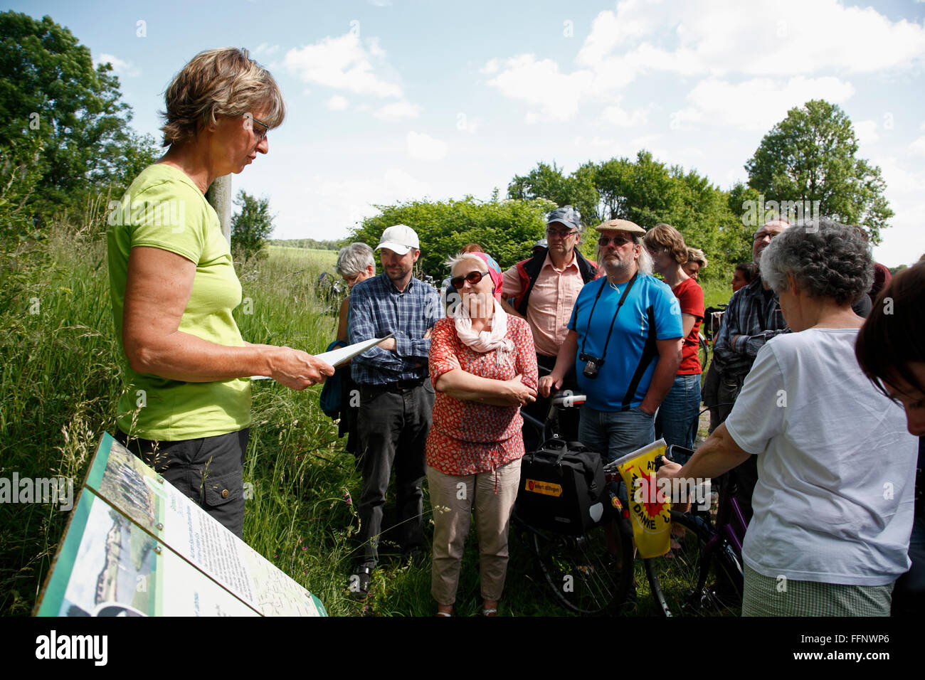guided bike-tour GRUENES BAND near Volzendorf, Wendland, former border to DDR, Lower Saxony, Germany, Europe Stock Photo