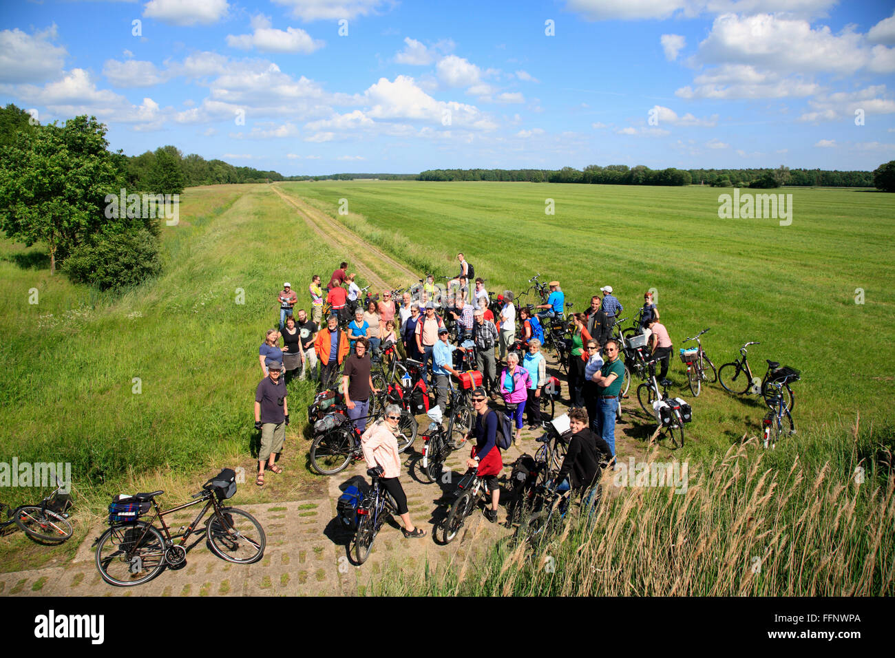 guided bike-tour GRUENES BAND near Volzendorf, Wendland, former border to DDR, Lower Saxony, Germany, Europe Stock Photo