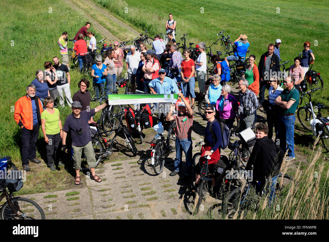 guided bike-tour GRUENES BAND near Volzendorf, Wendland, former border to DDR, Lower Saxony, Germany, Europe Stock Photo