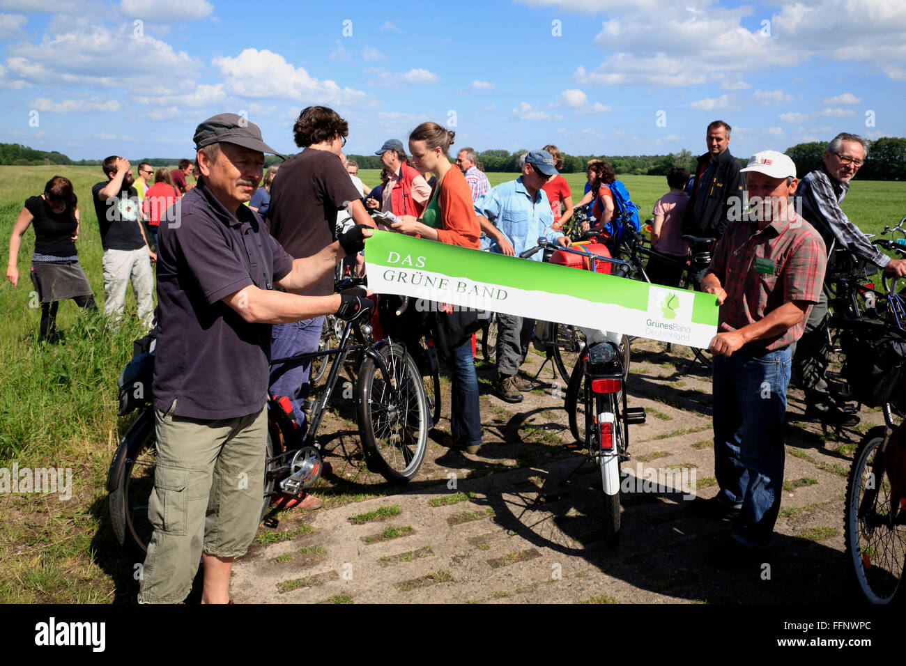 guided bike-tour GRUENES BAND near Volzendorf, Wendland, former border to DDR, Lower Saxony, Germany, Europe Stock Photo