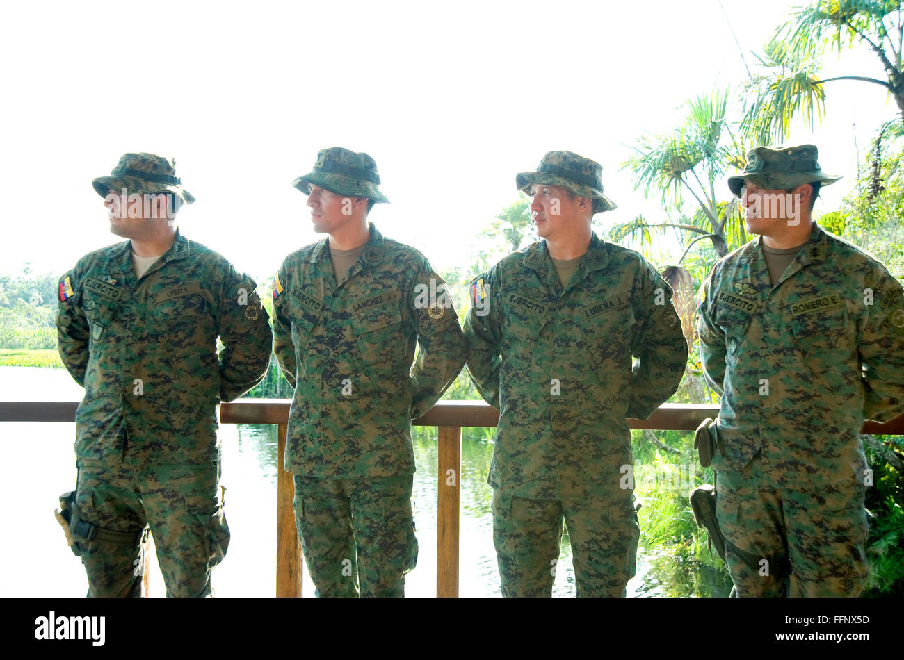 Elite military unit in Ecuador traveling with the President  at an Amazon River retreat Stock Photo