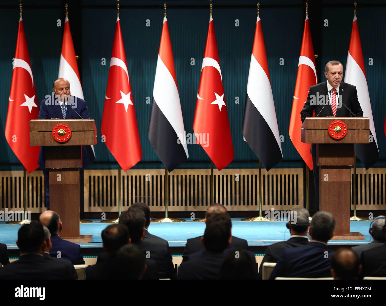 Ankara, Turkey. 16th Feb, 2016. Turkish President Recep Tayyip Erdogan (R) holds a joint press conference with visiting Yemeni President Mansour Hadi in Ankara, Turkey, on Feb. 16, 2016. Credit:  Mustafa Kaya/Xinhua/Alamy Live News Stock Photo