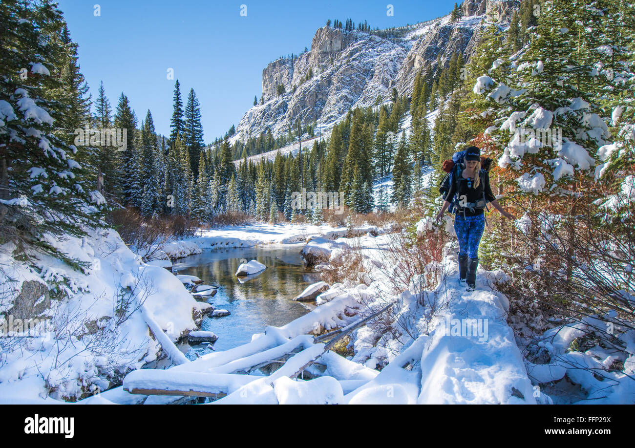 Noelle Synder Hiking to Alice Lake in the Sawtooth National Forest near Stanley Idaho Stock Photo
