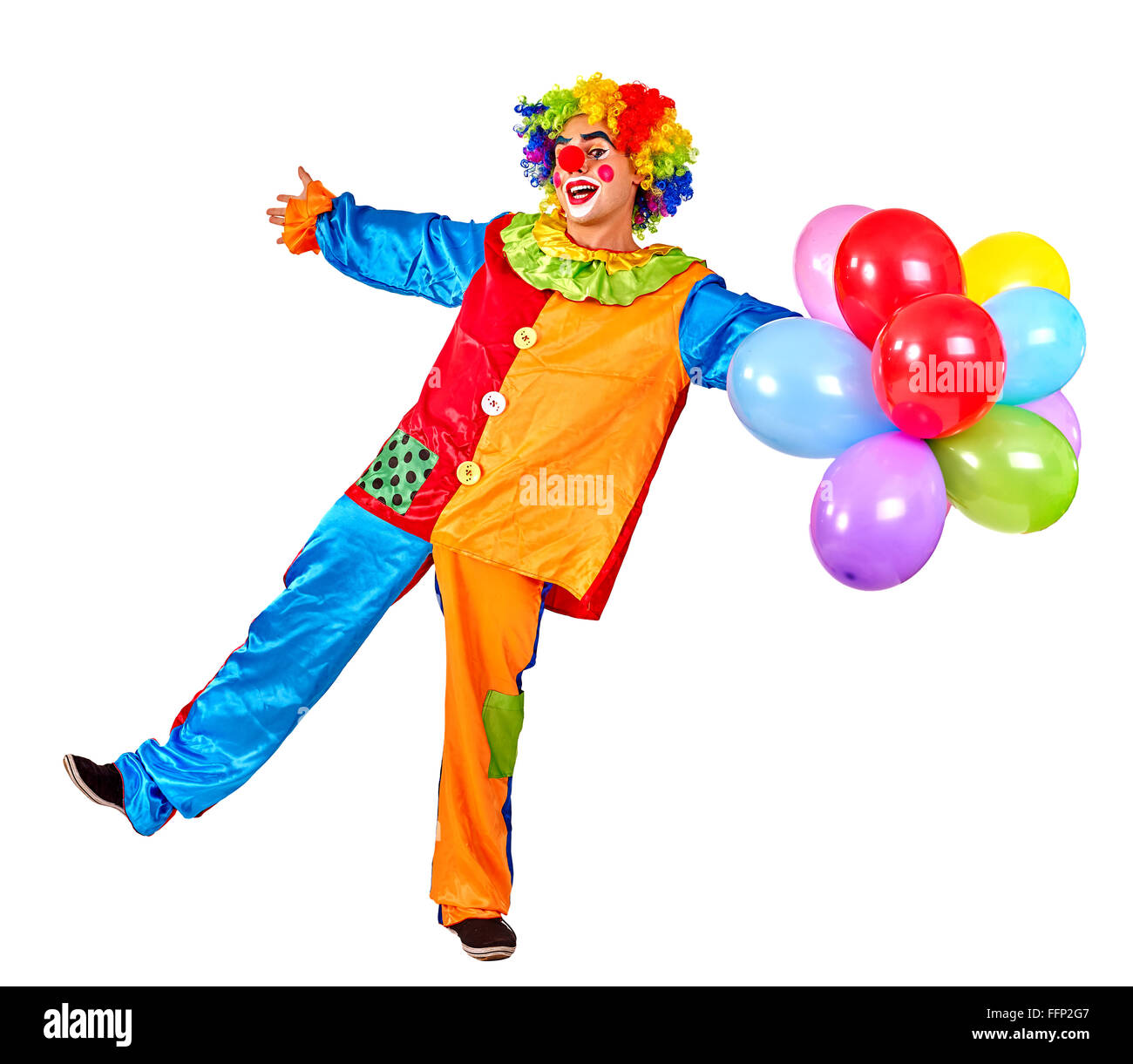 Happy birthday clown holding a bunch of balloons Stock Photo - Alamy