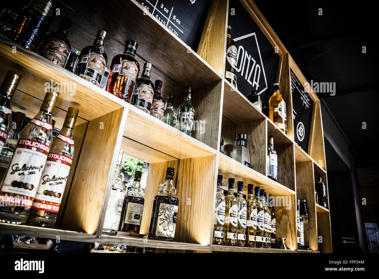 Alcohol Rack at the Mercado del Carmen Restaurant, Mexico City Stock ...