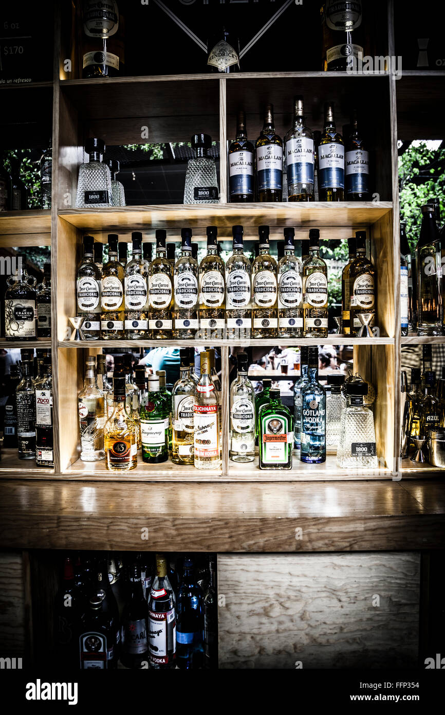 Alcohol Rack at the Mercado del Carmen Restaurant, Mexico City Stock ...