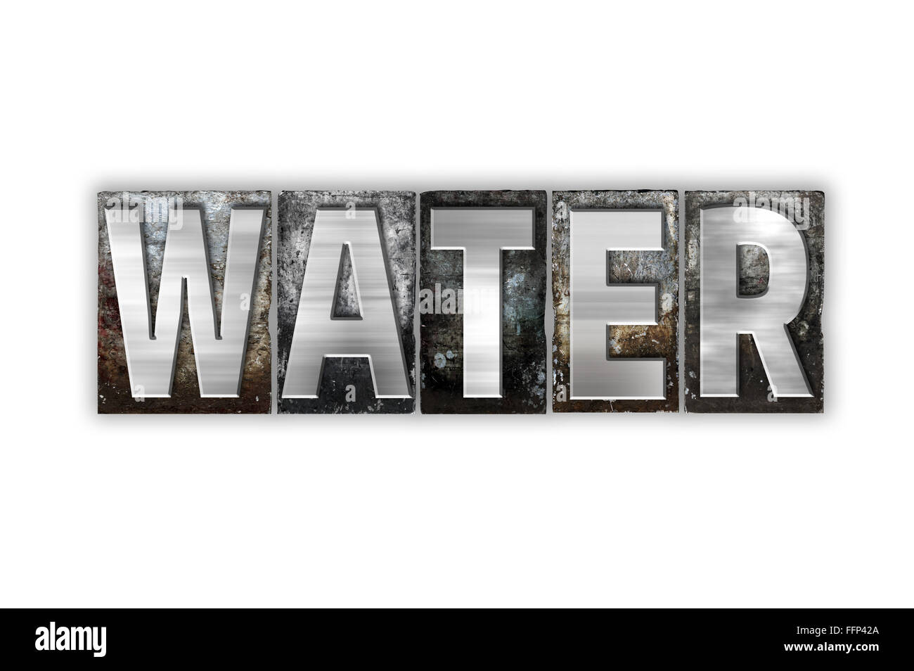 The word "Water" written in vintage metal letterpress type isolated on a white background Stock