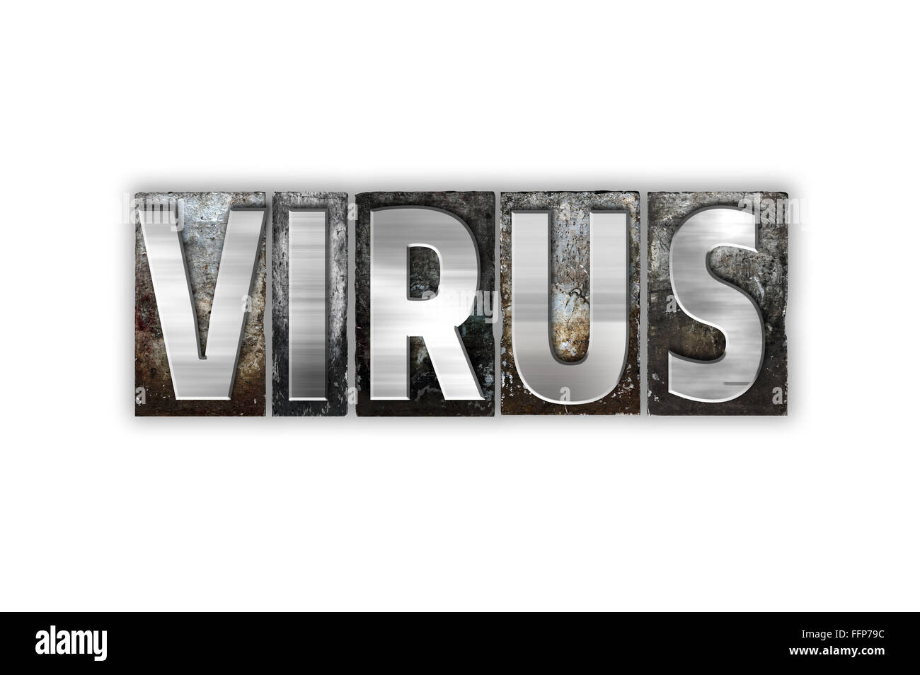 The word "Virus" written in vintage metal letterpress type isolated on