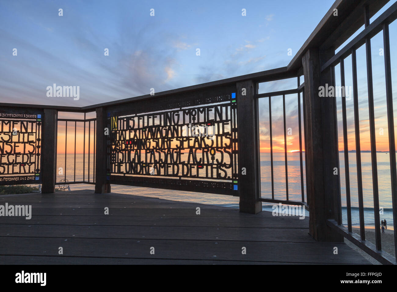 Stained glass fence at Browns Park in Laguna Beach, California at sunset. Stock Photo