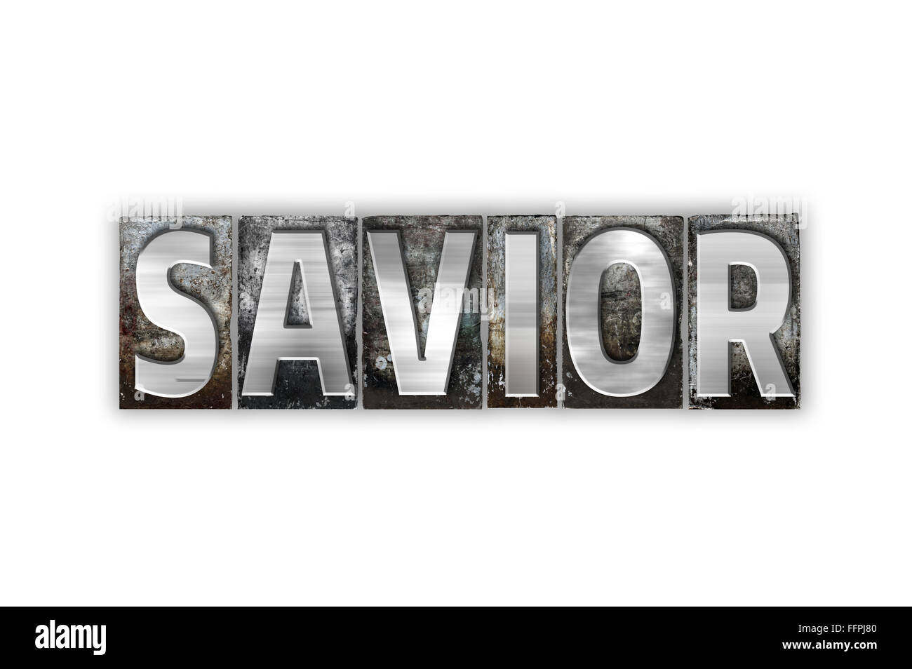 The word "Savior" written in vintage metal letterpress type isolated on
