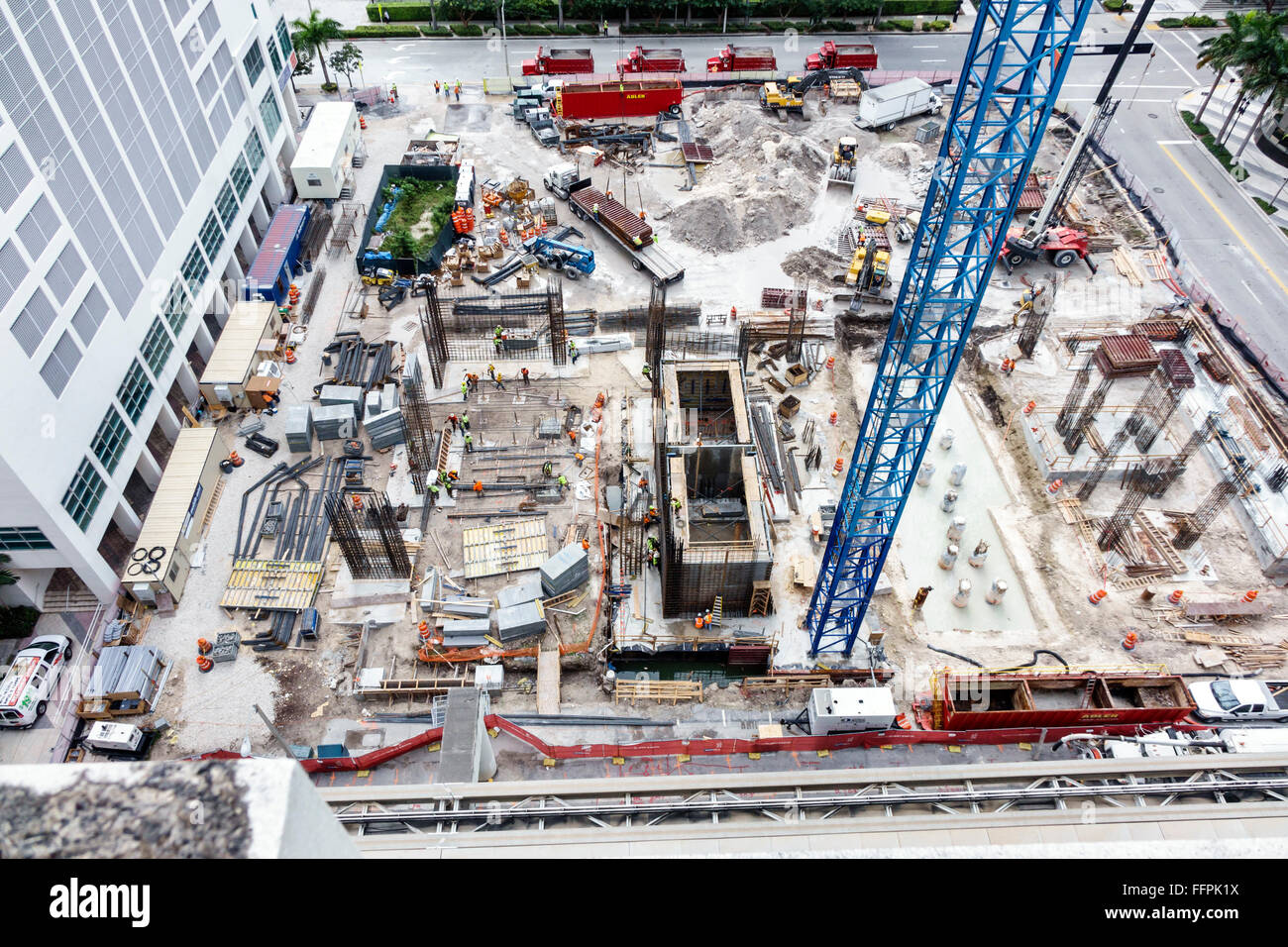 Florida South,Miami,downtown,new building construction site,aerial overhead view from above,foundation,overhead view,FL151207003 Stock Photo