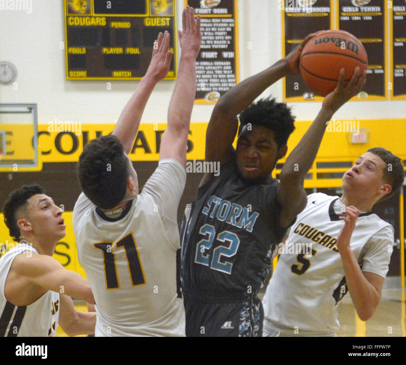 Usa. 16th Feb, 2016. SPORTS -- Cleveland's Marcus Hill, 22, grabs a rebound during the game at Cibola on Tuesday, February 16, 2016. © Greg Sorber/Albuquerque Journal/ZUMA Wire/Alamy Live News Stock Photo
