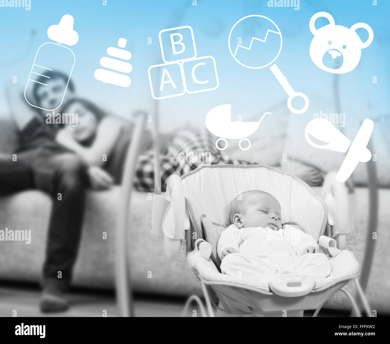 Newborn sleeping in baby swing and tired parents background Stock Photo