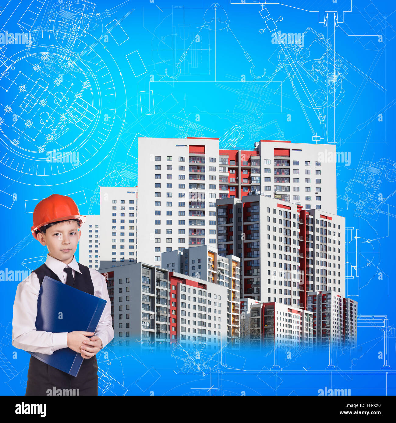 Little boy builder stands near buildings on blueprint background Stock