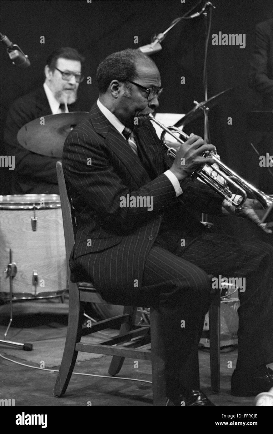 Jazz musicians Joe Wilder and Vernel Fourtier at a session arranged by Loren Schoenberg in New York City. The concert was January 20, 1985, at the Vineyard Theater in Manhattan. Stock Photo