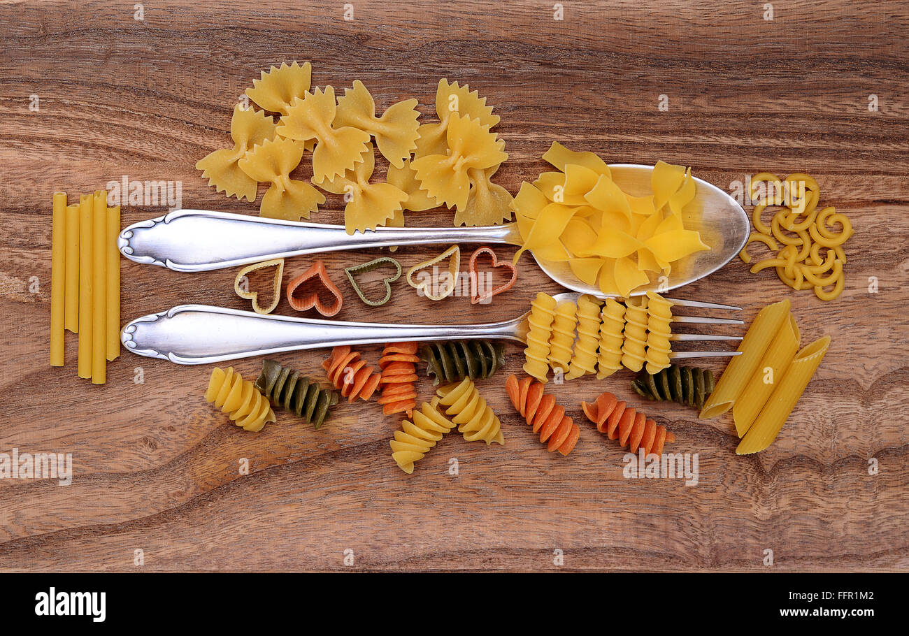 Pasta, various various types of pasta with silverware Stock Photo
