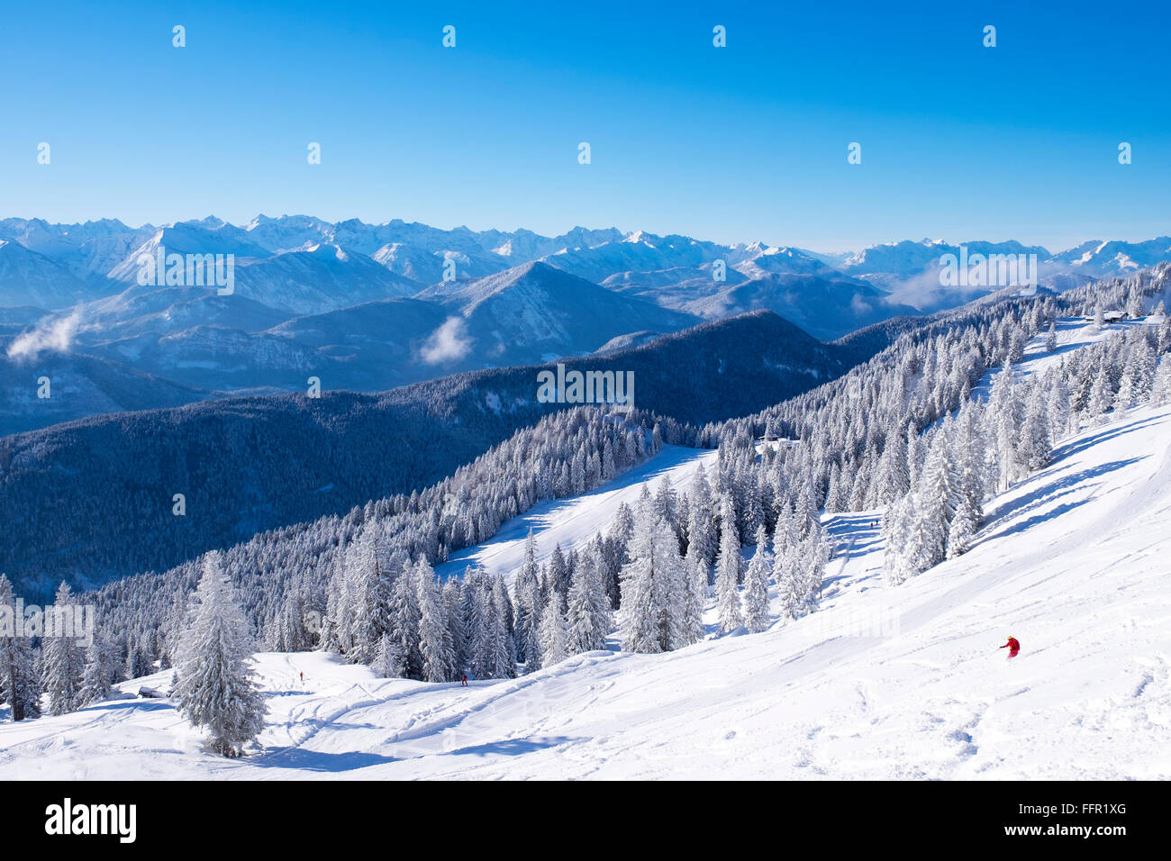 Ski resort Brauneck, Lenggries, Isarwinkel, Karwendel Mountains behind, Bavarian Prealps, Upper Bavaria, Bavaria, Germany Stock Photo