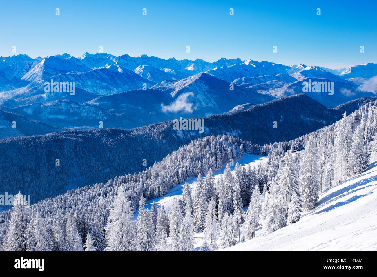 Snowy mountain face, Brauneck, Isarwinkel, Karwendel Mountains behind, Bavarian Prealps, Upper Bavaria, Bavaria, Germany Stock Photo