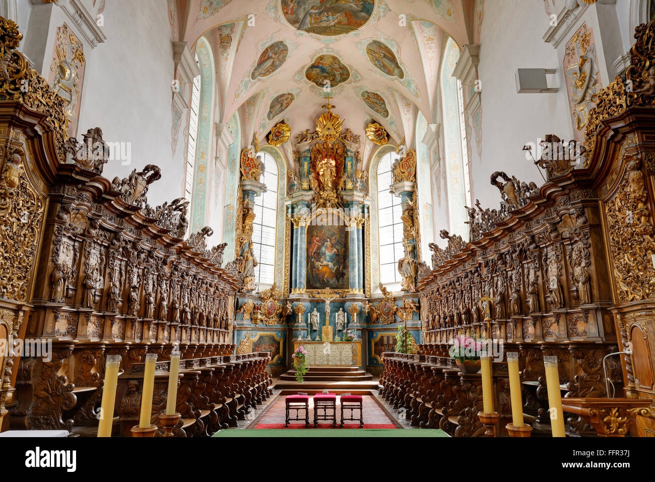 Sanctuary with choir stalls and high altar, monastery church of St. Magnus, Schussenried Monastery, Bad Schussenried Stock Photo