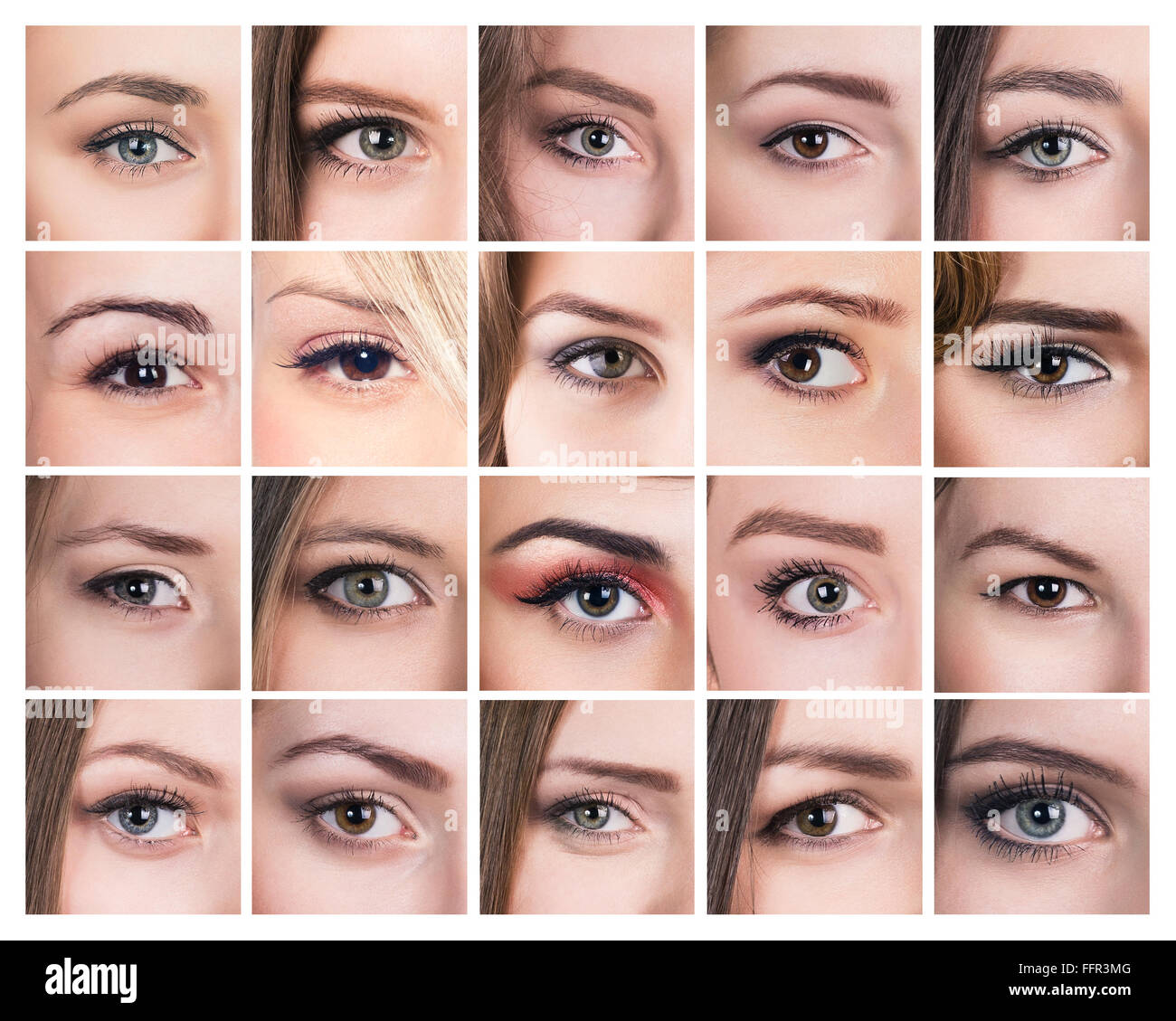 Collection of many female eyes with a different makeup Stock Photo